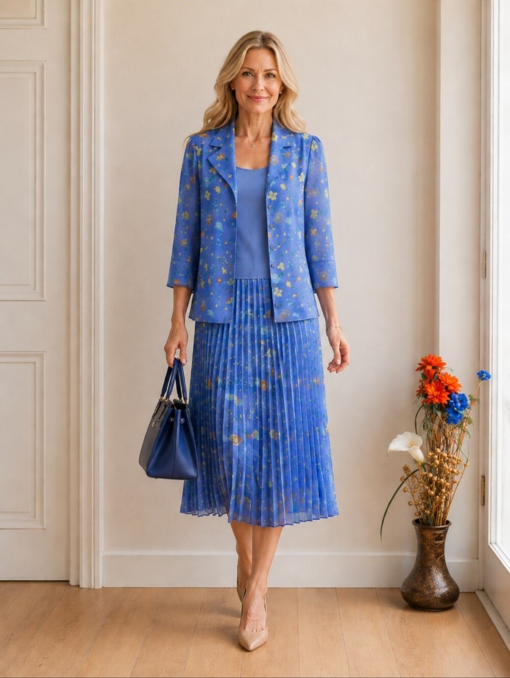 D'Allairds | Vintage Blue Floral Pleated Dress & Jacket Set